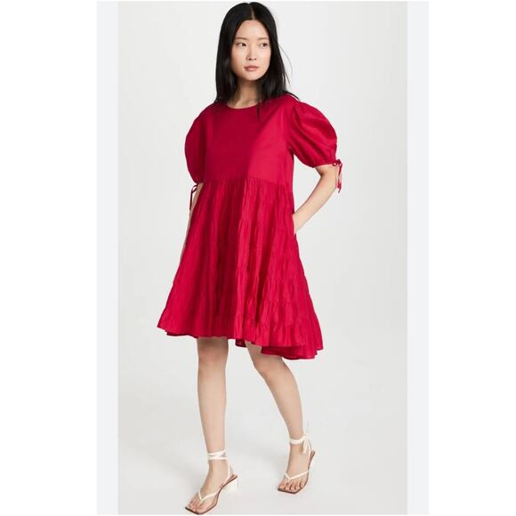 Merlette Sering Mini Dress Tiered Cotton Oversized Tent Swing Berry Pink Medium - Picture 1 of 9